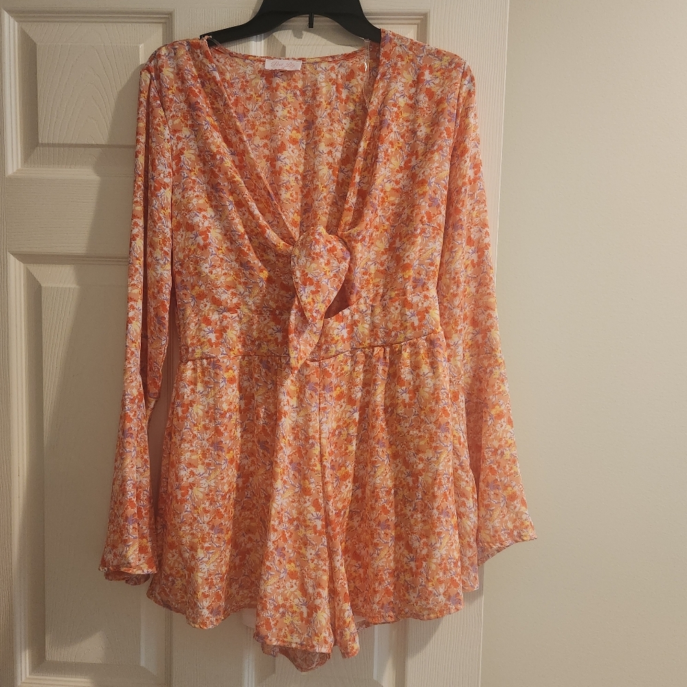 Pink Lily Floral Orange Chiffon Romper M